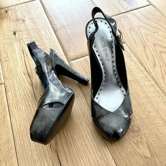 BCBGirls Shoes - BCBGirls Peep Toe Silver Metallic Pumps